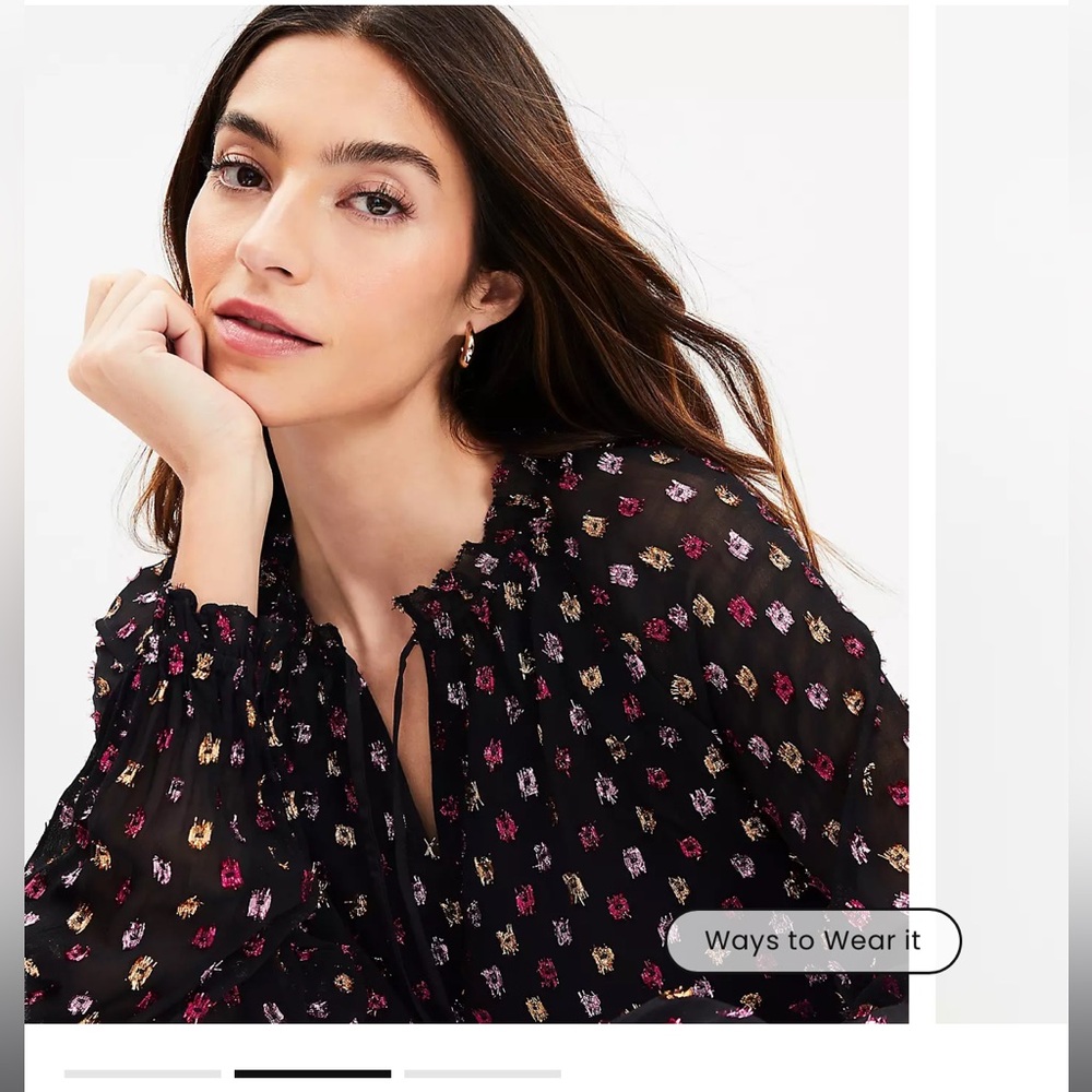LOFT Shimmer Clip Dot Tie Hem Blouse in Black Pink Orange size XL - Tie removed